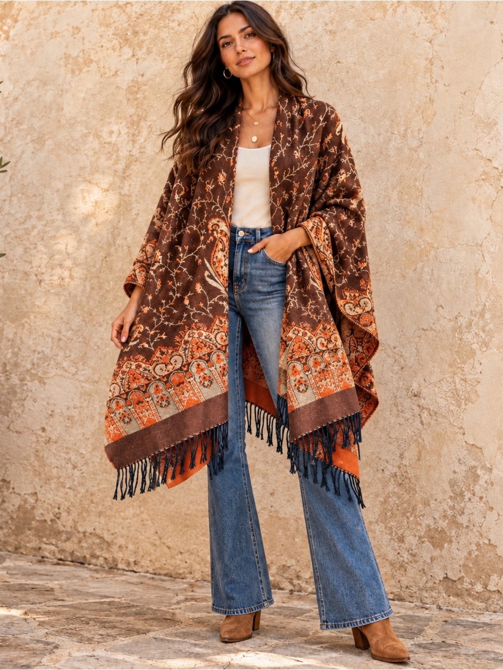 OS oversized Brown Paisley Fringe Poncho Wrap Reversible Boho Shawl Fall